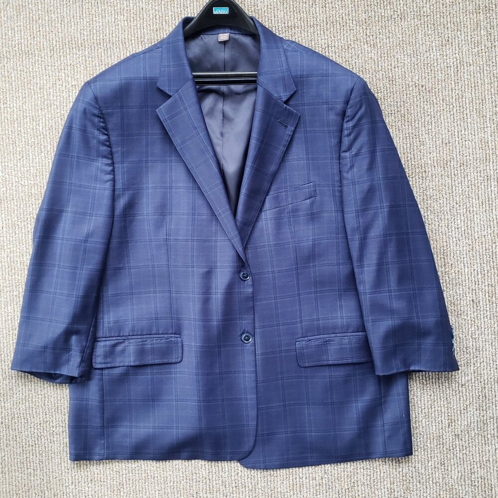 Oak Hill Premium Men's 100% Wool Windowpane Plaid Blazer Jacket Navy Blu…